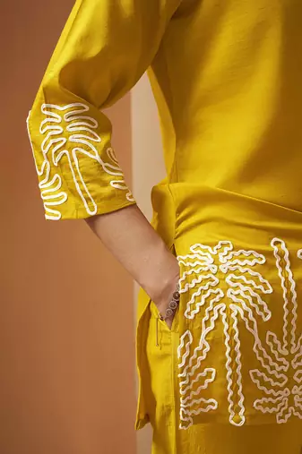 Mustard embroidered cotton blend co-ord set