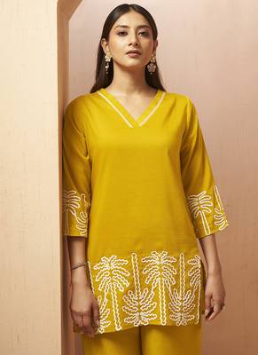 Mustard embroidered cotton blend co-ord set 5