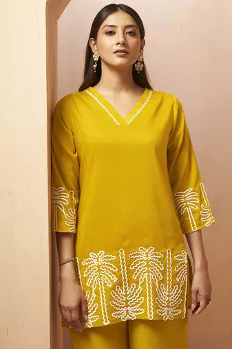 Mustard embroidered cotton blend co-ord set