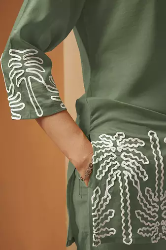 Green embroidered cotton blend co-ord set