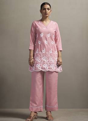 Peach embroidered schiffly cotton blend co-ord set 1