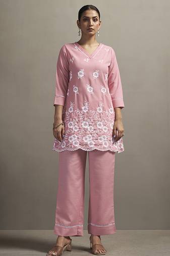 Peach embroidered schiffly cotton blend co-ord set