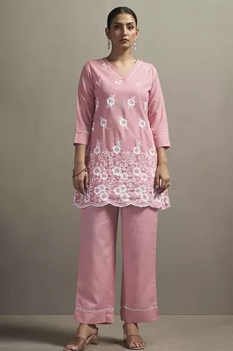 Peach embroidered schiffly cotton blend co-ord set
