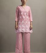 Peach embroidered schiffly cotton blend co-ord set