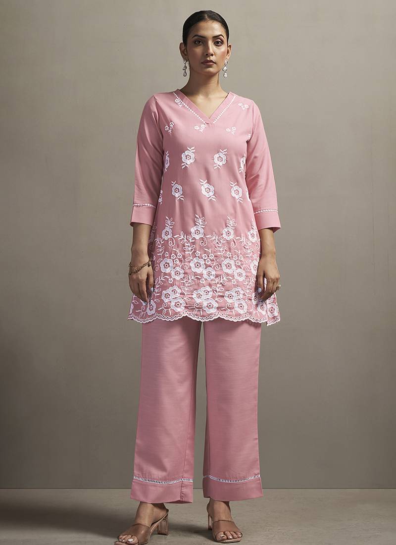 Peach embroidered schiffly cotton blend co-ord set