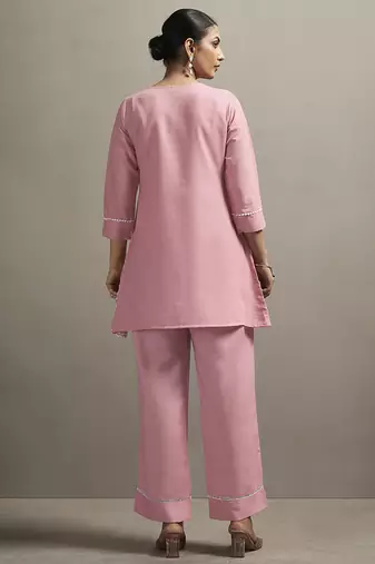 Peach embroidered schiffly cotton blend co-ord set