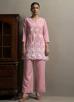 Peach embroidered schiffly cotton blend co-ord set 3