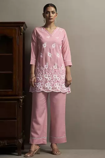 Peach embroidered schiffly cotton blend co-ord set