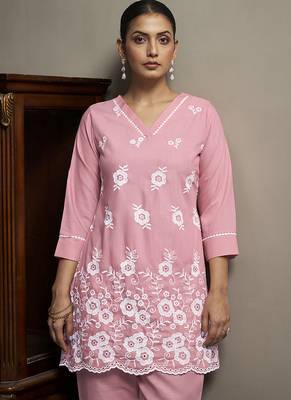 Peach embroidered schiffly cotton blend co-ord set 4