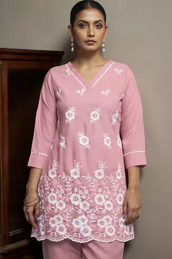 Peach embroidered schiffly cotton blend co-ord set