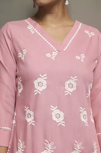 Peach embroidered schiffly cotton blend co-ord set