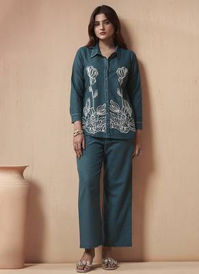 Navy blue embroidered cotton linen co-ord set 1