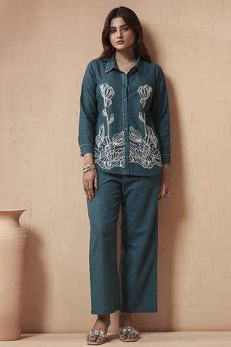 Navy blue embroidered cotton linen co-ord set