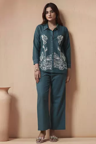 Navy blue embroidered cotton linen co-ord set