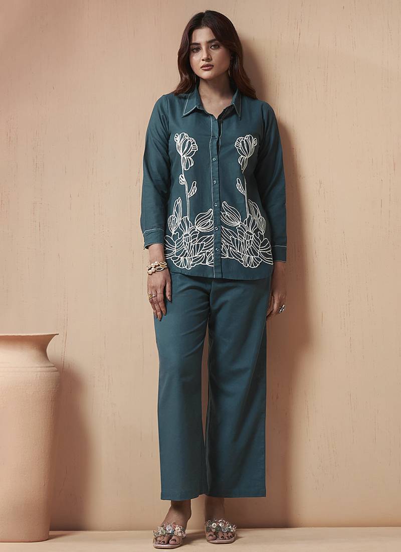 Navy blue embroidered cotton linen co-ord set