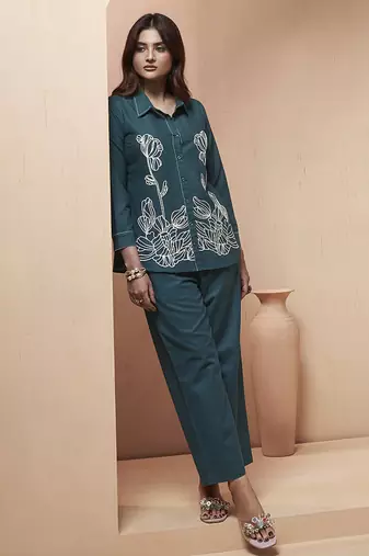 Navy blue embroidered cotton linen co-ord set