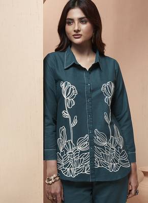 Navy blue embroidered cotton linen co-ord set 4