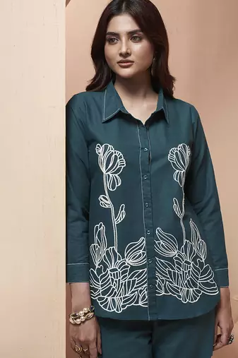 Navy blue embroidered cotton linen co-ord set