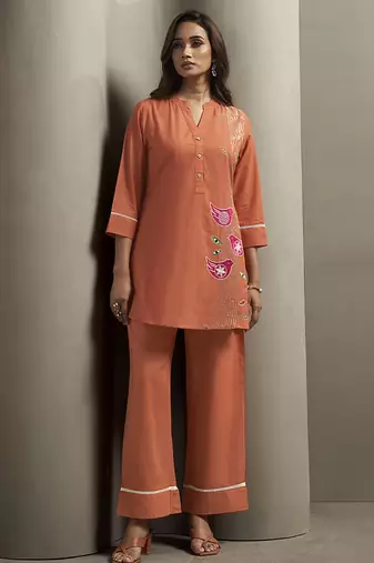 Orange embroidered cotton co-ord set