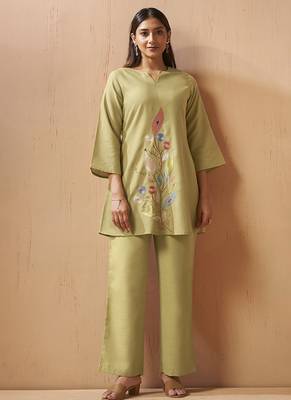 Green embroidered with mirror work cotton blend co-ord set 1