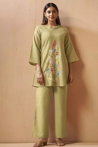 Green embroidered with mirror work cotton blend co-ord set