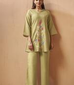 Green embroidered with mirror work cotton blend co-ord set