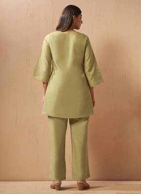 Green embroidered with mirror work cotton blend co-ord set 2