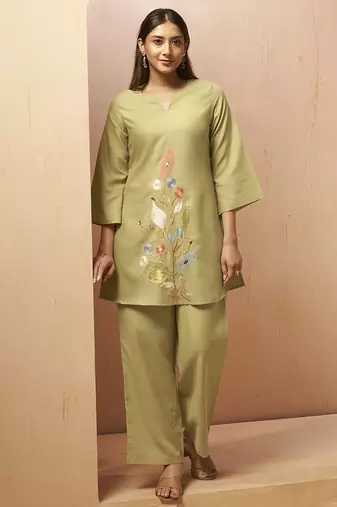 Green embroidered with mirror work cotton blend co-ord set