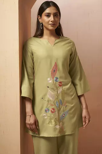 Green embroidered with mirror work cotton blend co-ord set