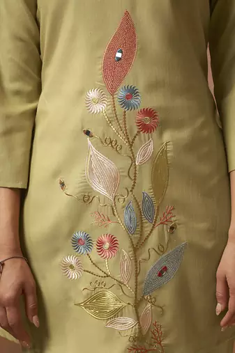 Green embroidered with mirror work cotton blend co-ord set