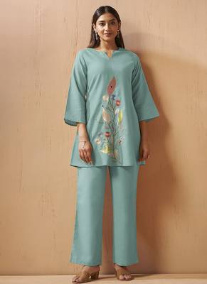 Green embroidered with mirror work cotton blend co-ord set 1