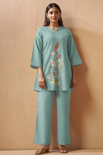 Green embroidered with mirror work cotton blend co-ord set