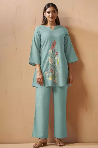 Green embroidered with mirror work cotton blend co-ord set