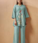 Green embroidered with mirror work cotton blend co-ord set