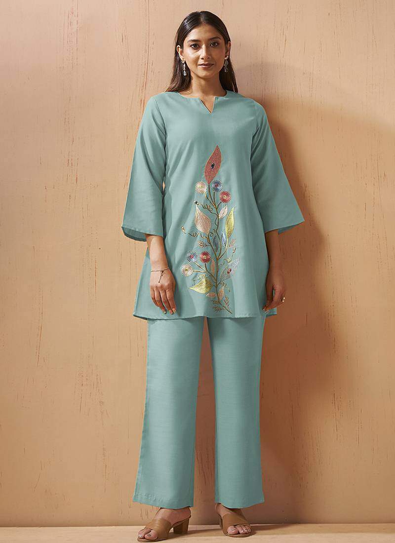 Green embroidered with mirror work cotton blend co-ord set