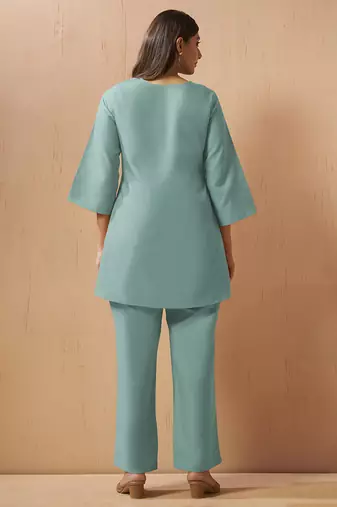 Green embroidered with mirror work cotton blend co-ord set