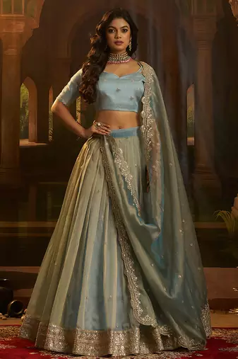 Turquoise Organza Lehenga with Intricate Zari & Sequin Embroidery