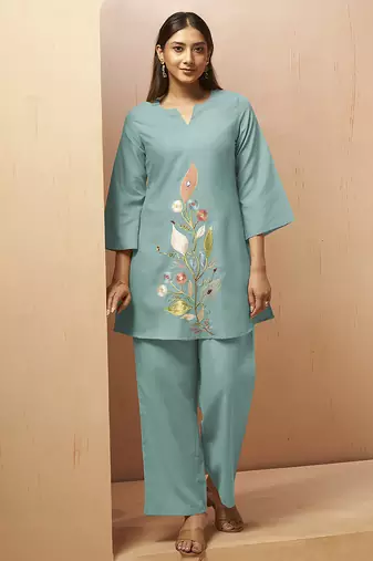 Green embroidered with mirror work cotton blend co-ord set