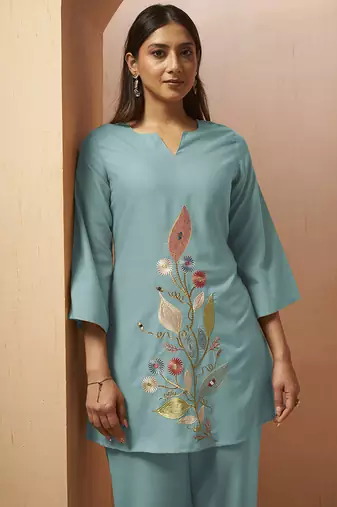 Green embroidered with mirror work cotton blend co-ord set