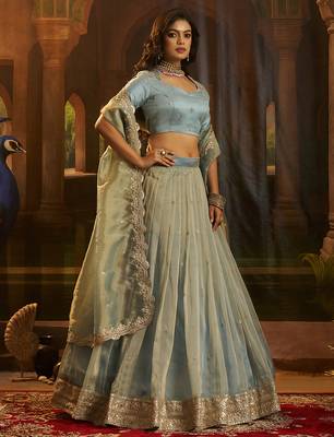 Turquoise Organza Lehenga with Intricate Zari & Sequin Embroidery 2