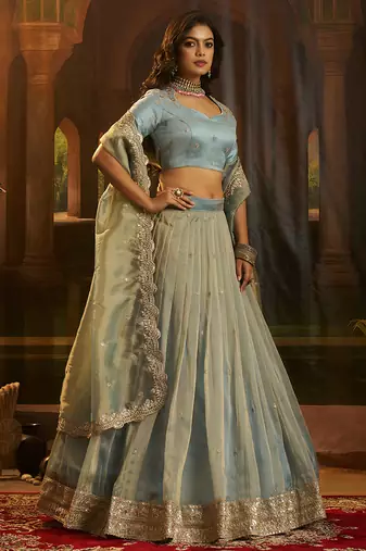 Turquoise Organza Lehenga with Intricate Zari & Sequin Embroidery