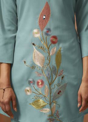 Green embroidered with mirror work cotton blend co-ord set 5