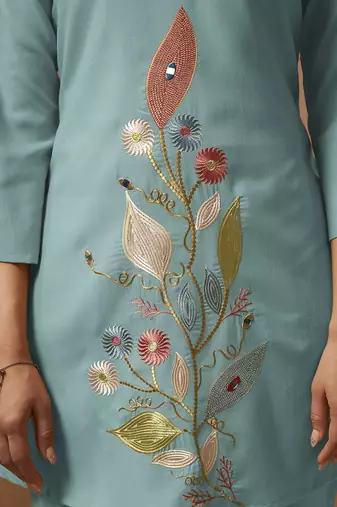 Green embroidered with mirror work cotton blend co-ord set