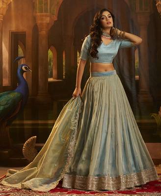 Turquoise Organza Lehenga with Intricate Zari & Sequin Embroidery 3