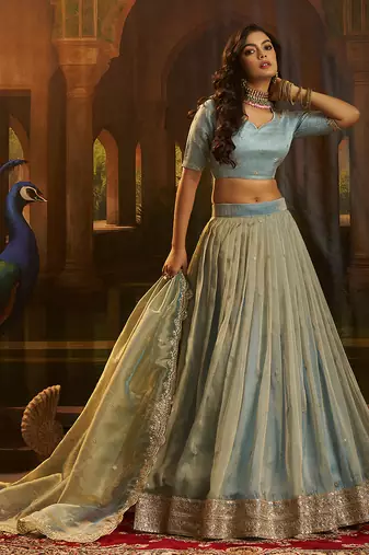 Turquoise Organza Lehenga with Intricate Zari & Sequin Embroidery