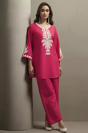 Pink embroidered cotton blend co-ord set
