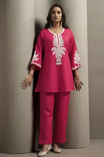 Pink embroidered cotton blend co-ord set