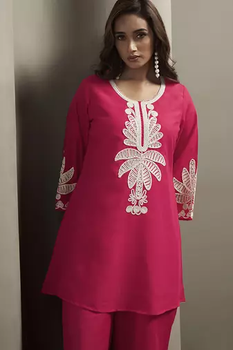 Pink embroidered cotton blend co-ord set