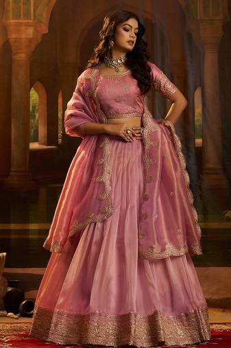 Elegant Pink Organza Embroidered Lehenga Choli with Art Silk Blouse