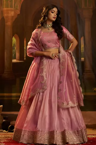 Elegant Pink Organza Embroidered Lehenga Choli with Art Silk Blouse
